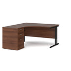 Wooden corner desk with metal legs and matching pedestal on a white background