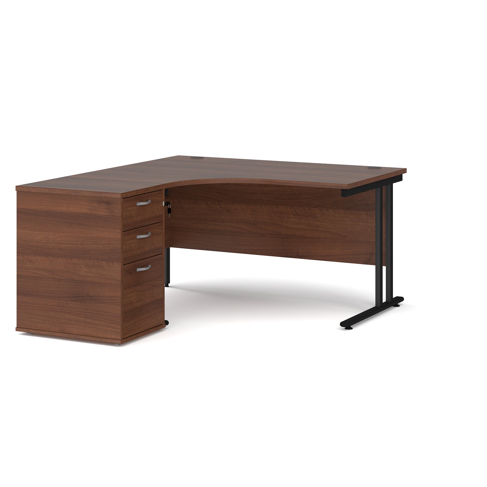 Wooden corner desk with metal legs and matching pedestal on a white background
