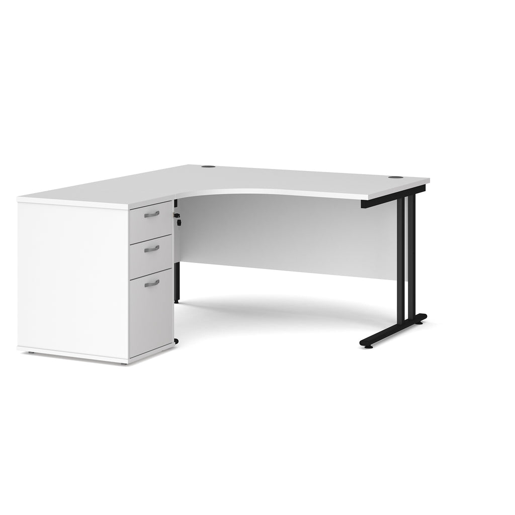 Wooden corner desk with metal legs and matching pedestal on a white background