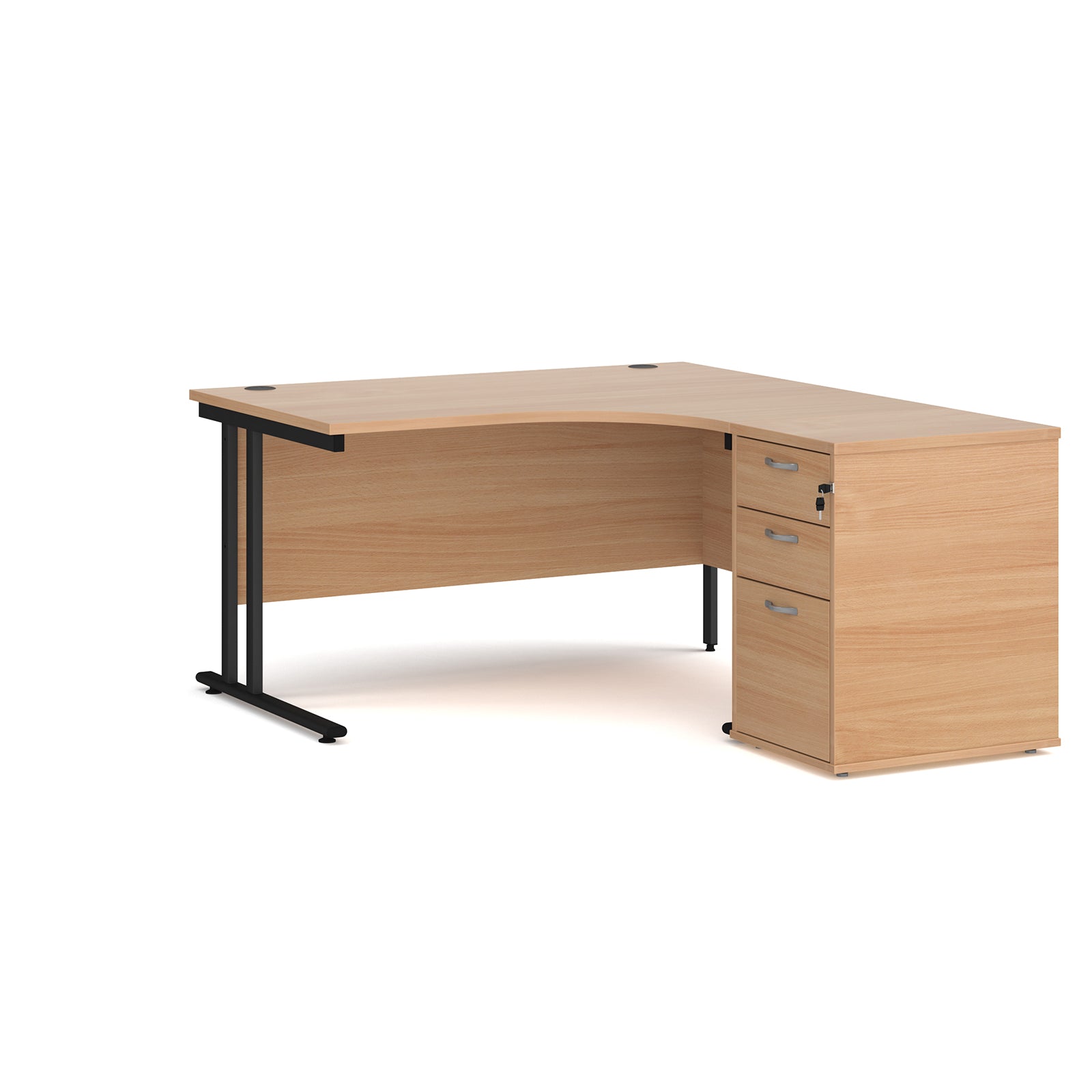 Wooden corner desk with metal legs and matching pedestal on a white background