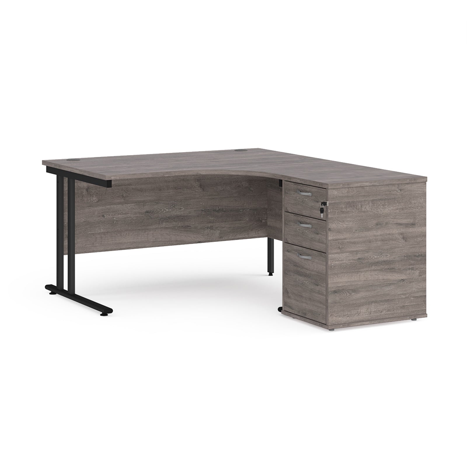 Wooden corner desk with metal legs and matching pedestal on a white background