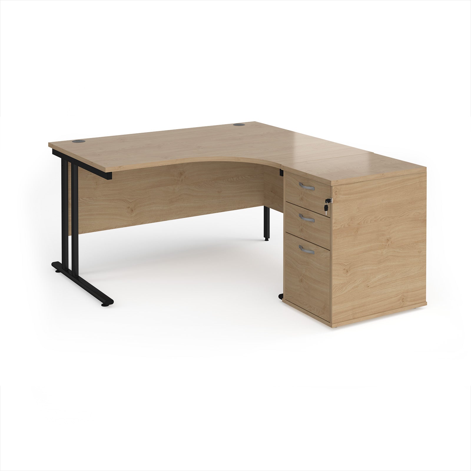 Wooden corner desk with metal legs and matching pedestal on a white background