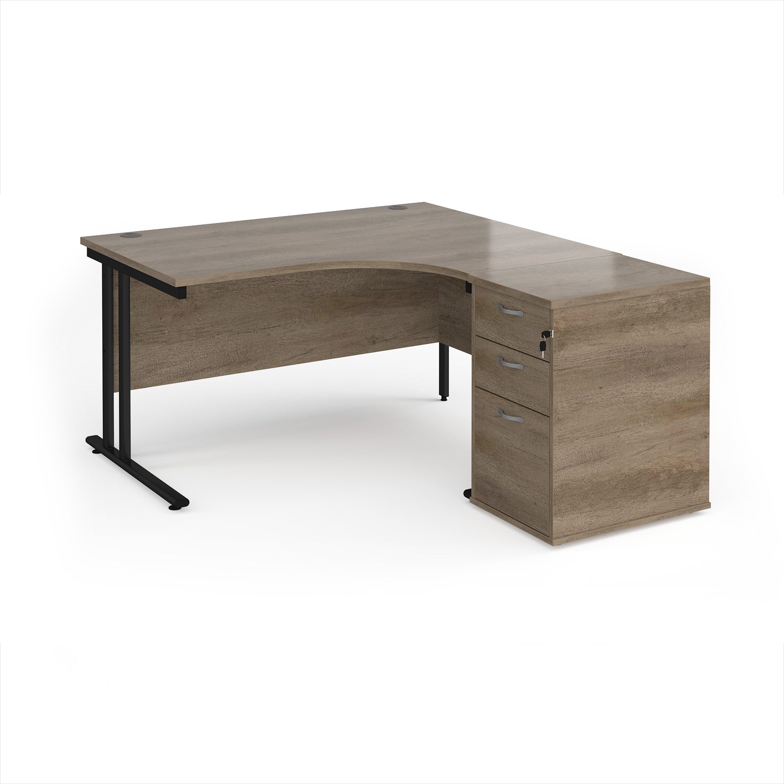 Wooden corner desk with metal legs and matching pedestal on a white background