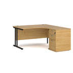 Wooden corner desk with metal legs and matching pedestal on a white background