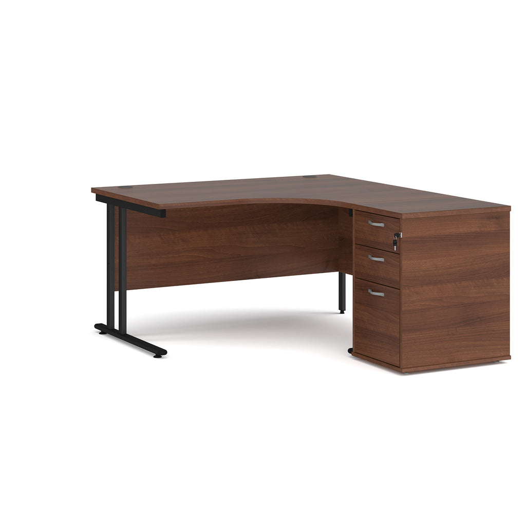 Wooden corner desk with metal legs and matching pedestal on a white background