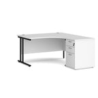 Wooden corner desk with metal legs and matching pedestal on a white background