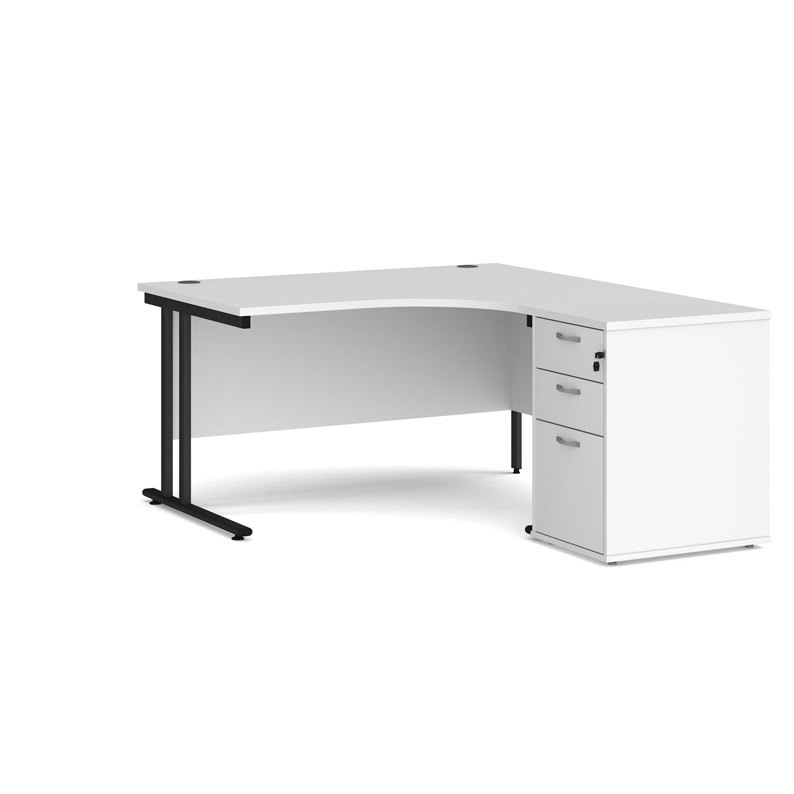 Wooden corner desk with metal legs and matching pedestal on a white background