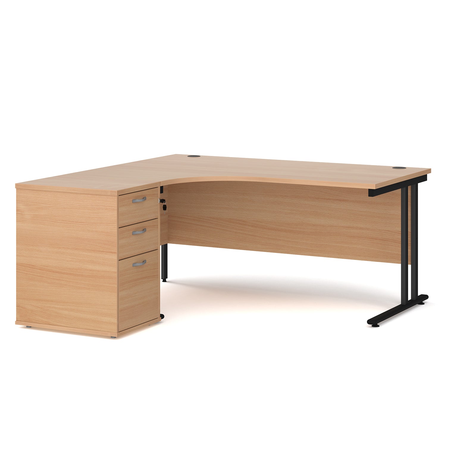 Wooden corner desk with metal legs and matching pedestal on a white background