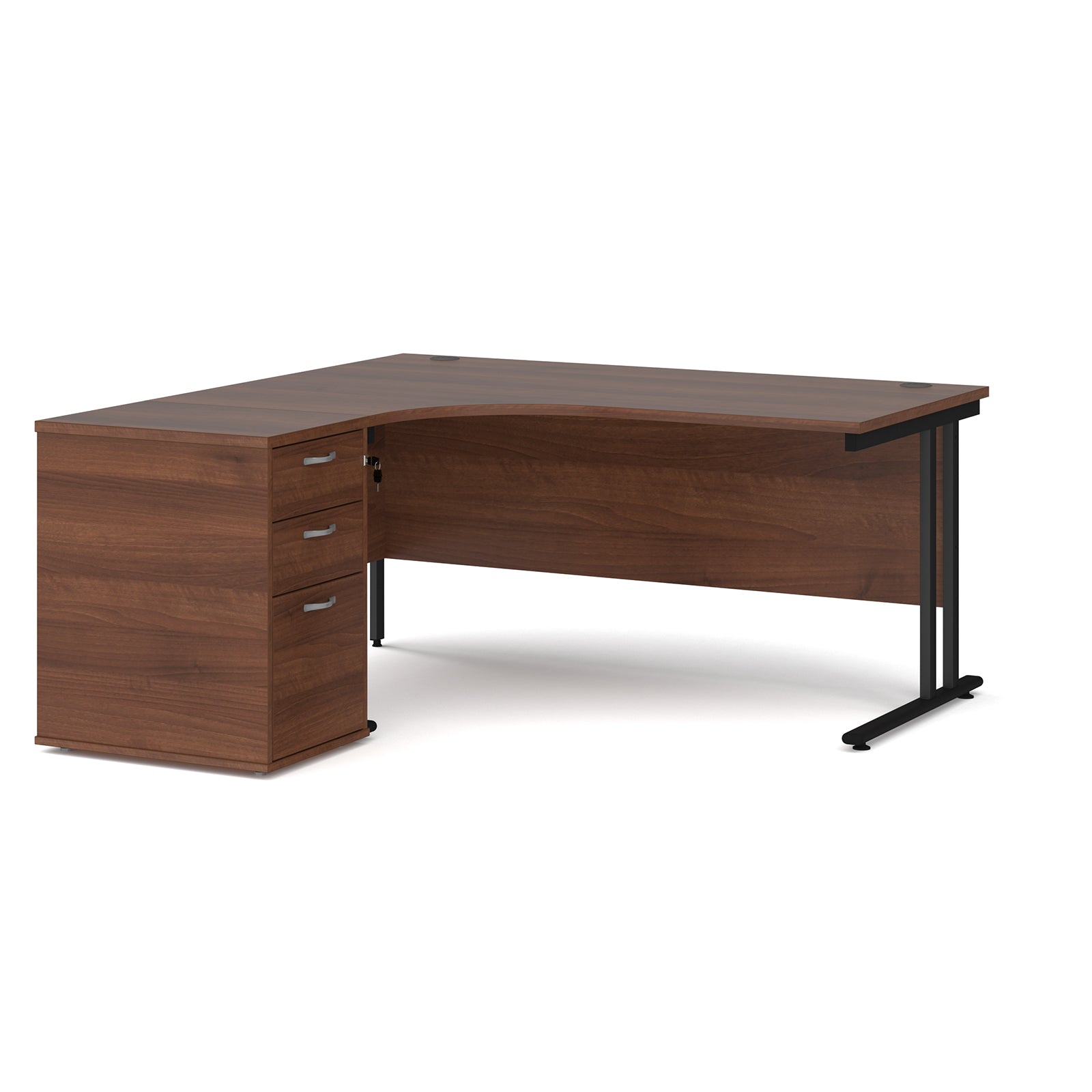 Wooden corner desk with metal legs and matching pedestal on a white background