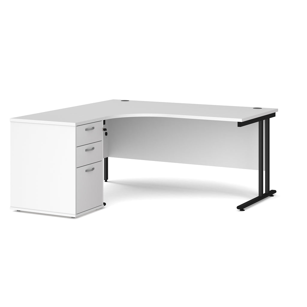 Wooden corner desk with metal legs and matching pedestal on a white background
