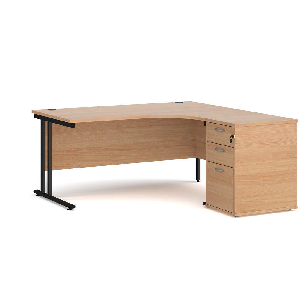 Wooden corner desk with metal legs and matching pedestal on a white background