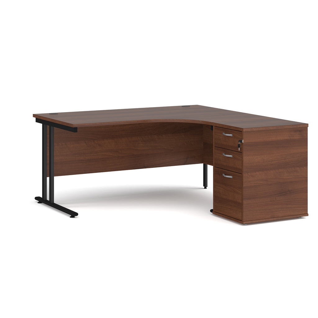 Wooden corner desk with metal legs and matching pedestal on a white background