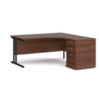 Wooden corner desk with metal legs and matching pedestal on a white background
