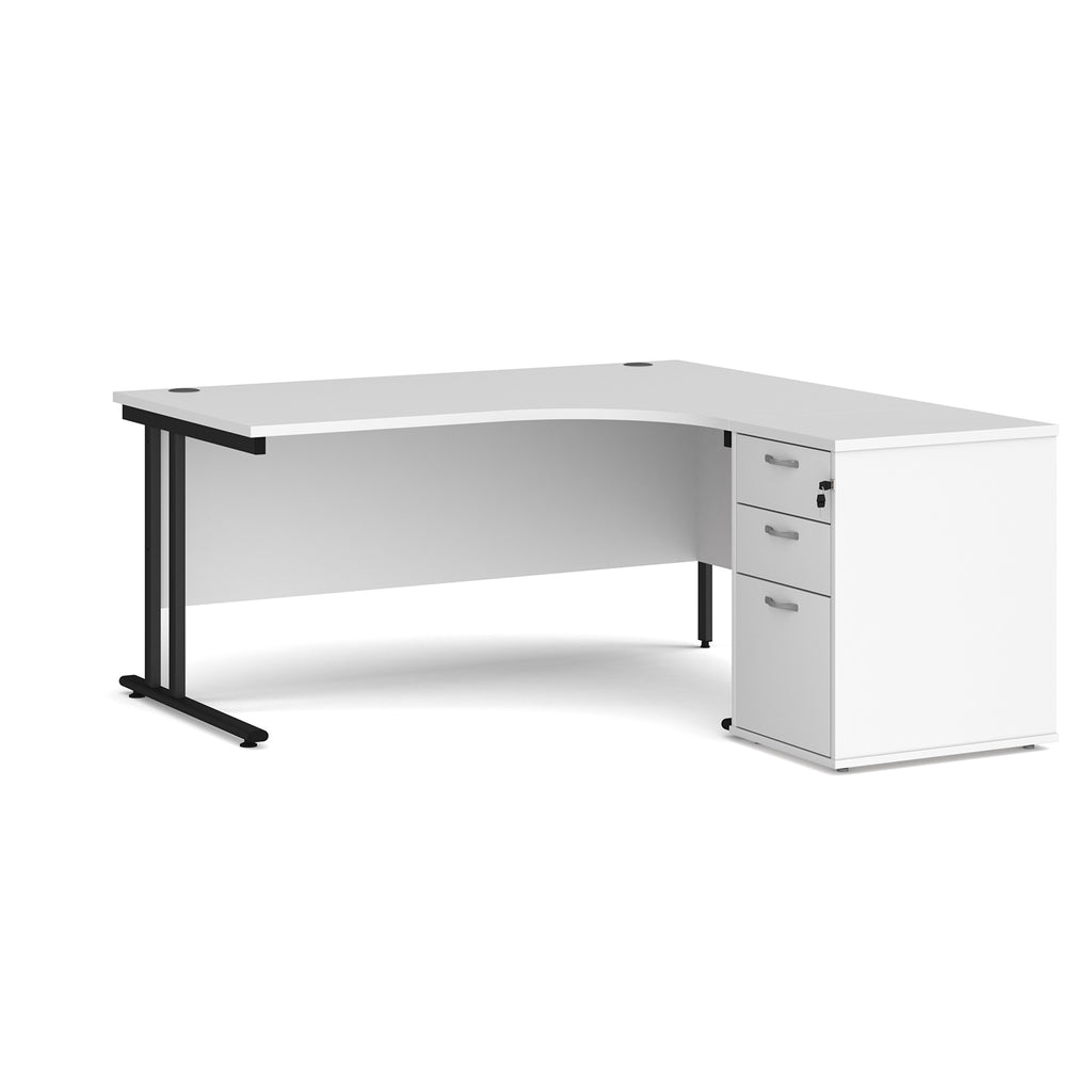 Wooden corner desk with metal legs and matching pedestal on a white background