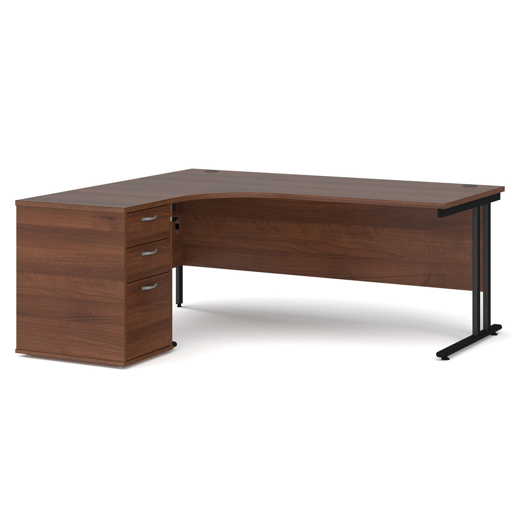 Wooden corner desk with metal legs and matching pedestal on a white background