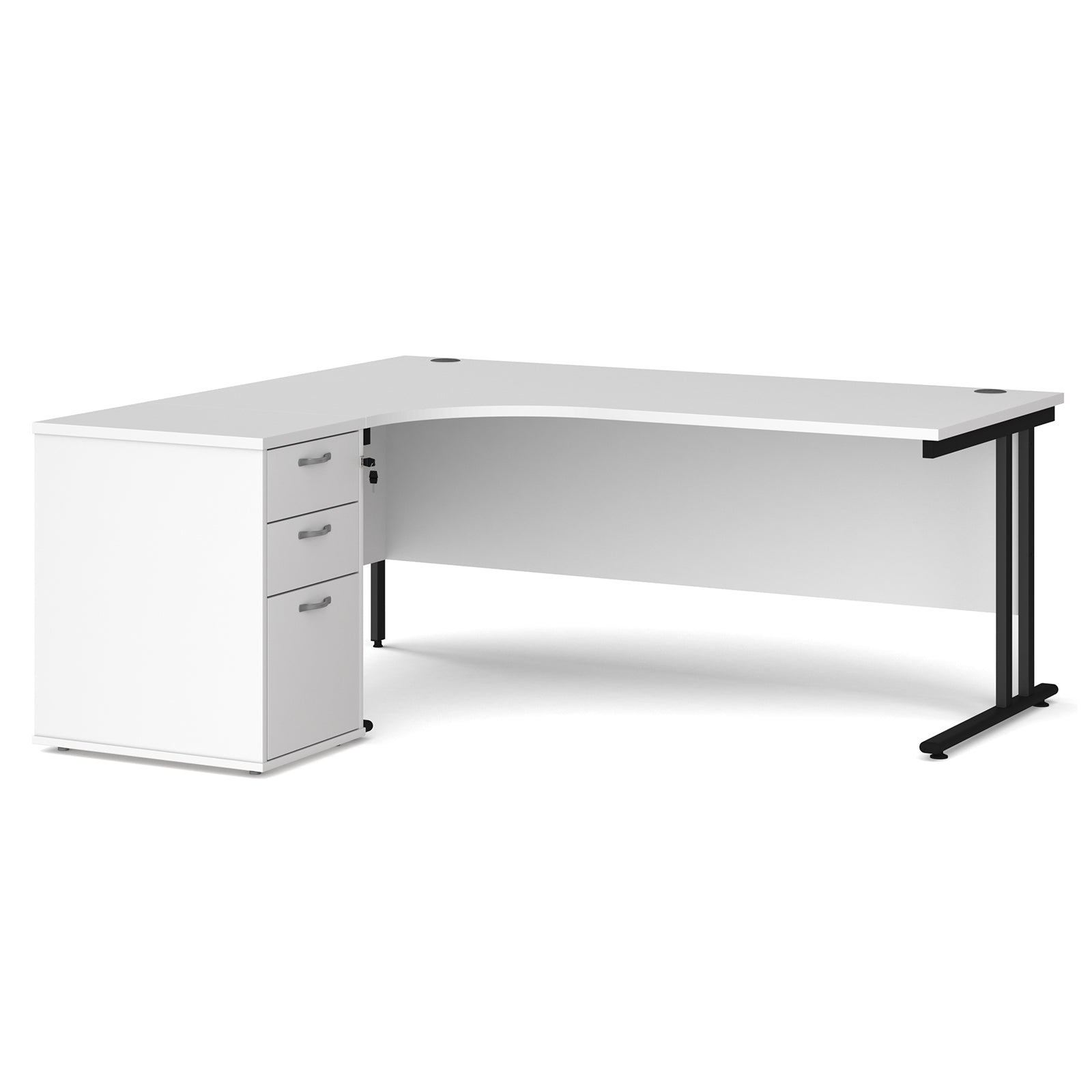 Wooden corner desk with metal legs and matching pedestal on a white background