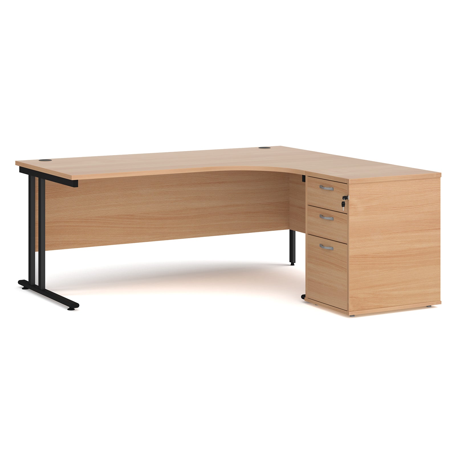 Wooden corner desk with metal legs and matching pedestal on a white background