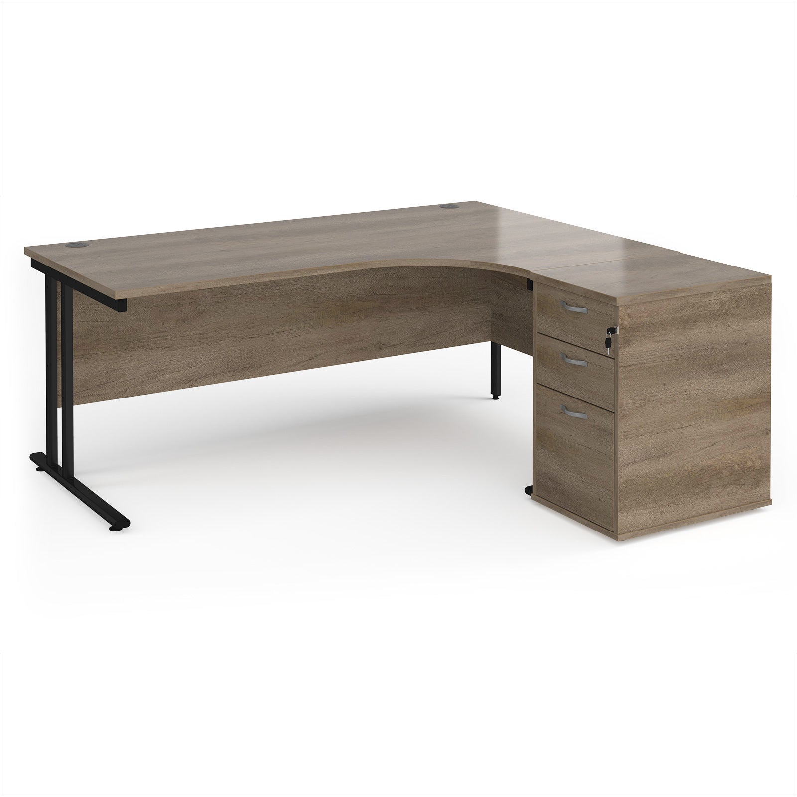 Wooden corner desk with metal legs and matching pedestal on a white background