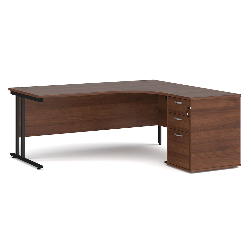 Wooden corner desk with metal legs and matching pedestal on a white background