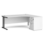 Wooden corner desk with metal legs and matching pedestal on a white background