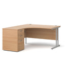 Wooden corner desk with metal legs and matching pedestal on a white background