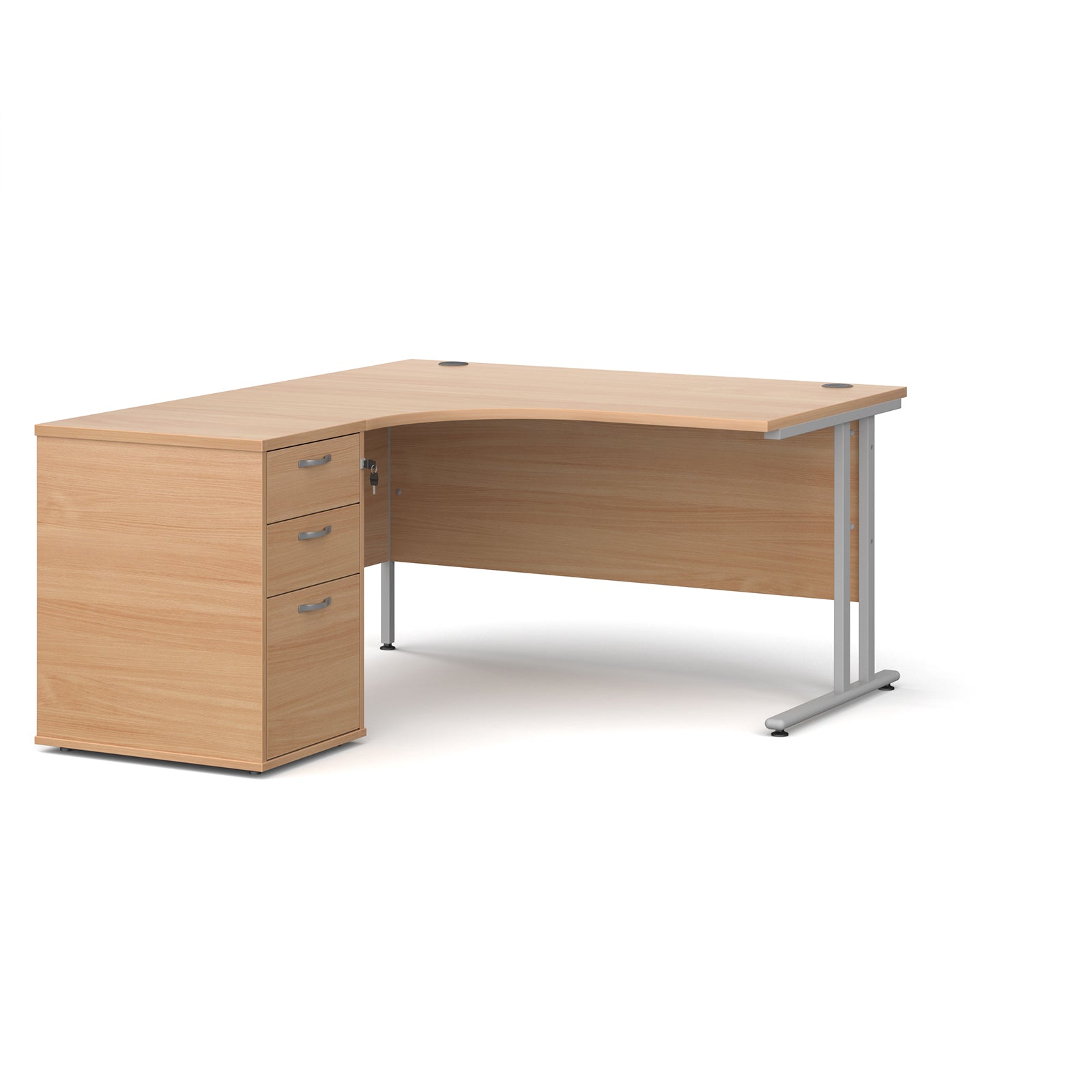 Wooden corner desk with metal legs and matching pedestal on a white background