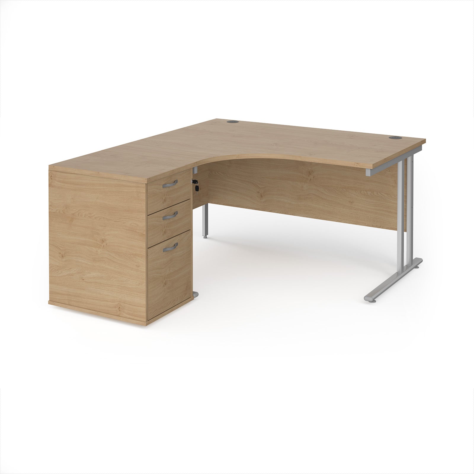 Wooden corner desk with metal legs and matching pedestal on a white background