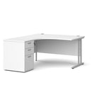 Wooden corner desk with metal legs and matching pedestal on a white background