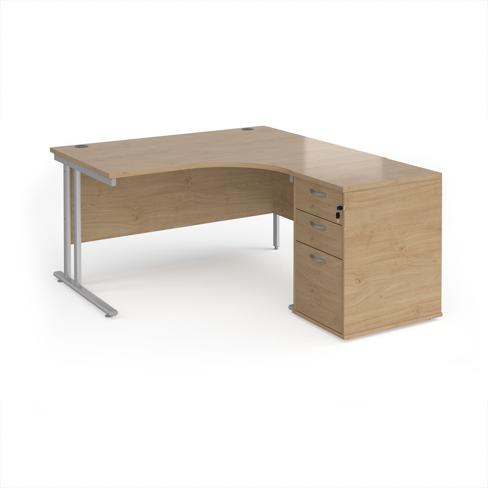 Wooden corner desk with metal legs and matching pedestal on a white background