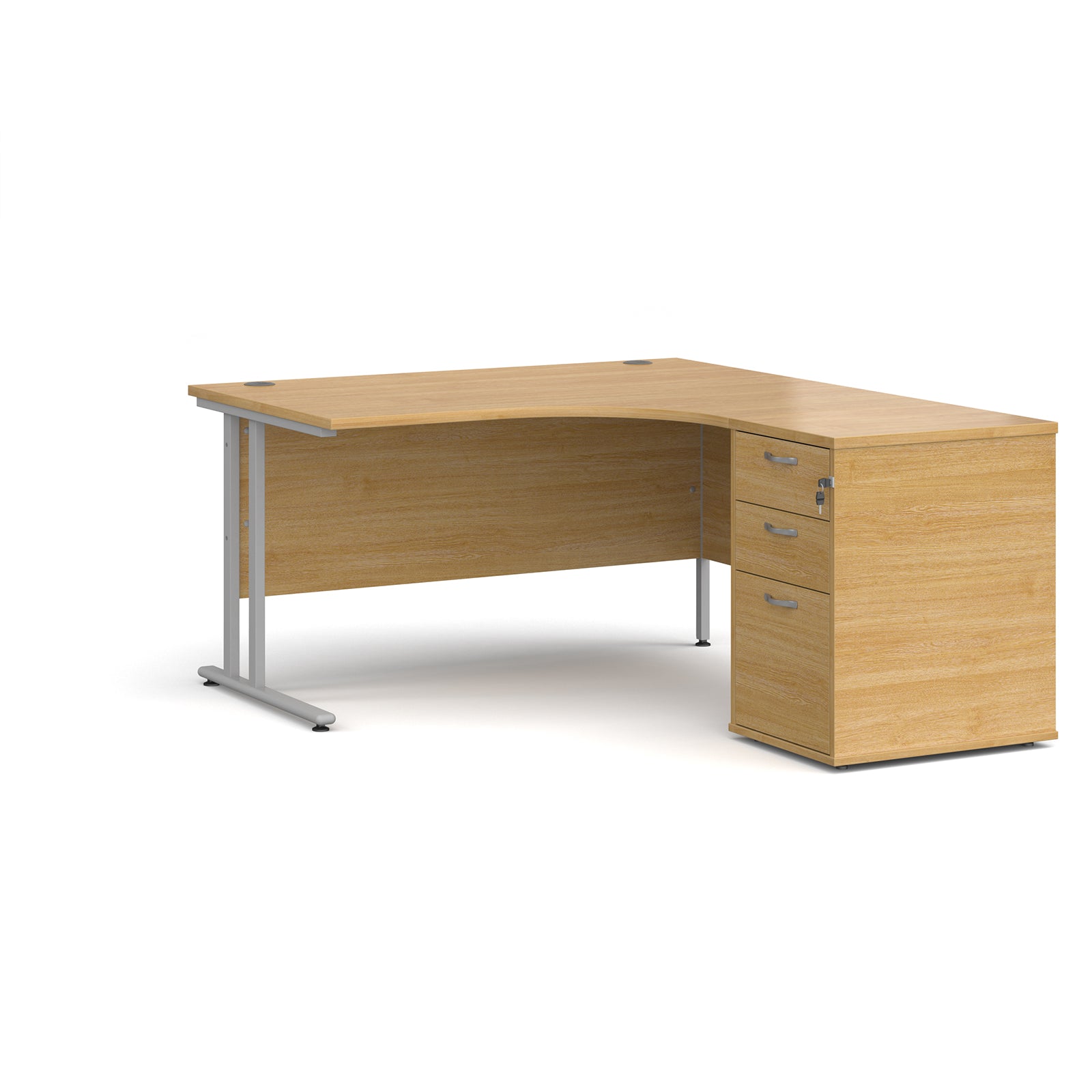 Wooden corner desk with metal legs and matching pedestal on a white background