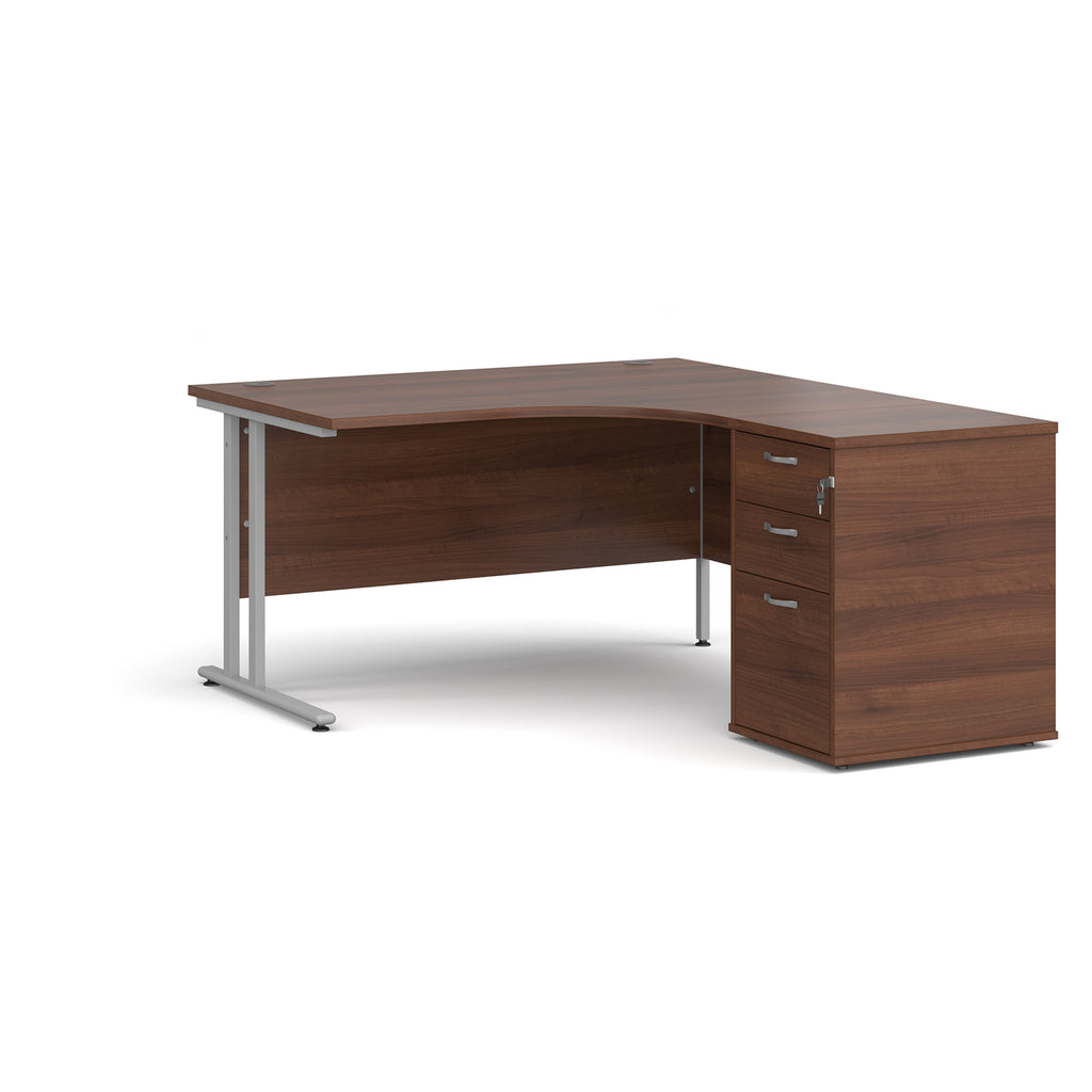 Wooden corner desk with metal legs and matching pedestal on a white background