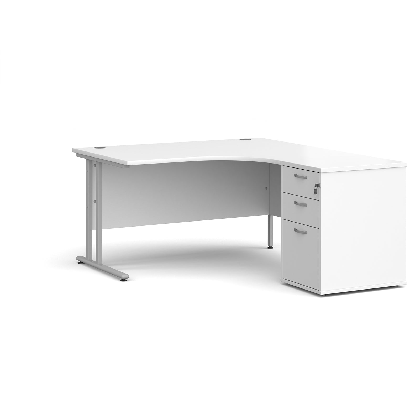 Wooden corner desk with metal legs and matching pedestal on a white background