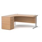 Wooden corner desk with metal legs and matching pedestal on a white background