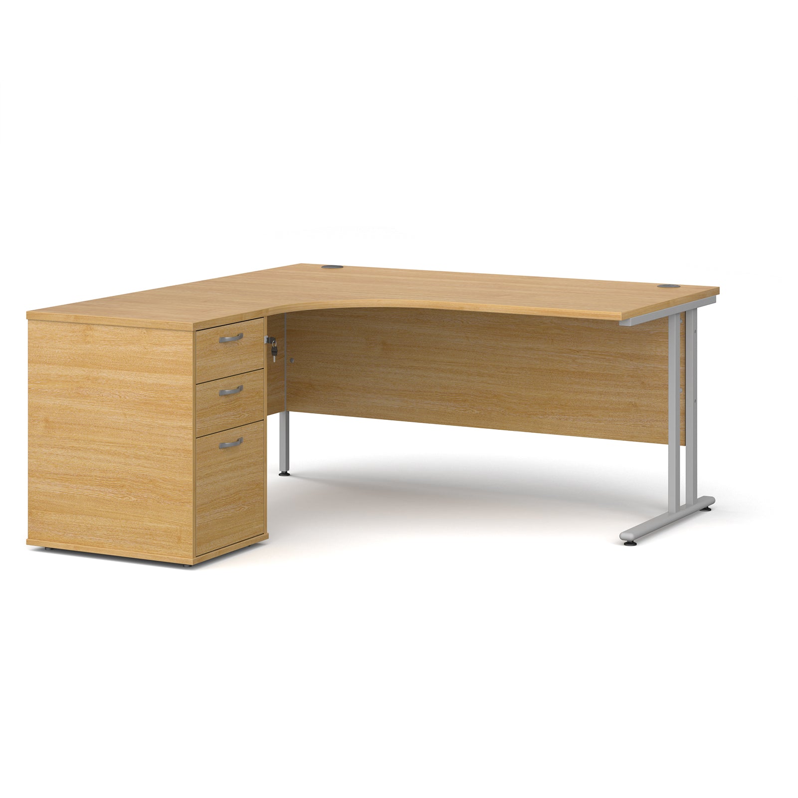 Wooden corner desk with metal legs and matching pedestal on a white background