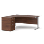 Wooden corner desk with metal legs and matching pedestal on a white background