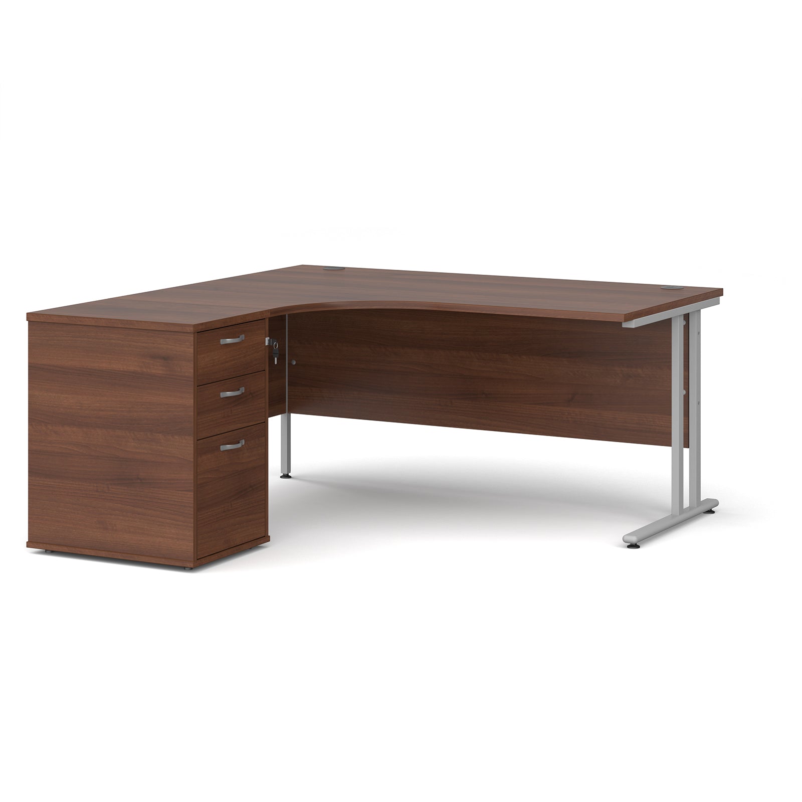 Wooden corner desk with metal legs and matching pedestal on a white background