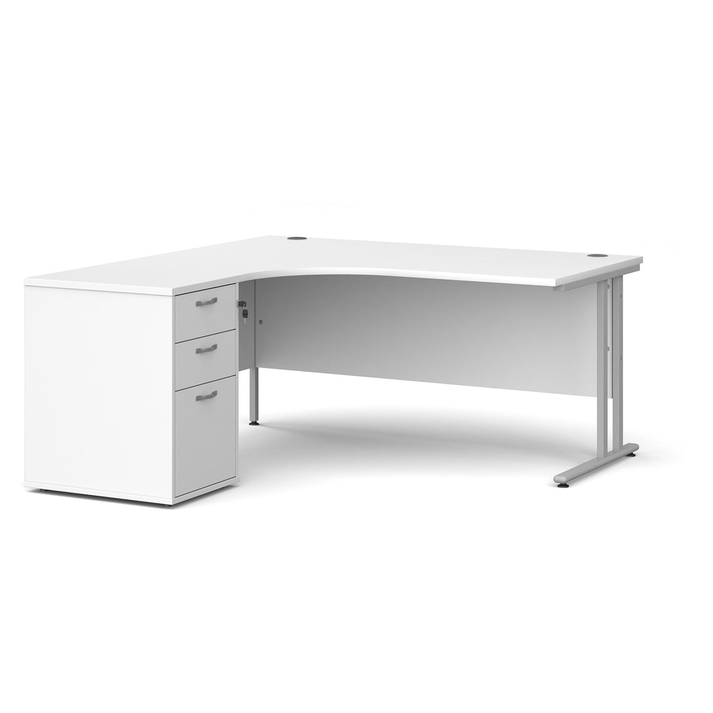 White corner desk with metal legs and matching pedestal on a white background