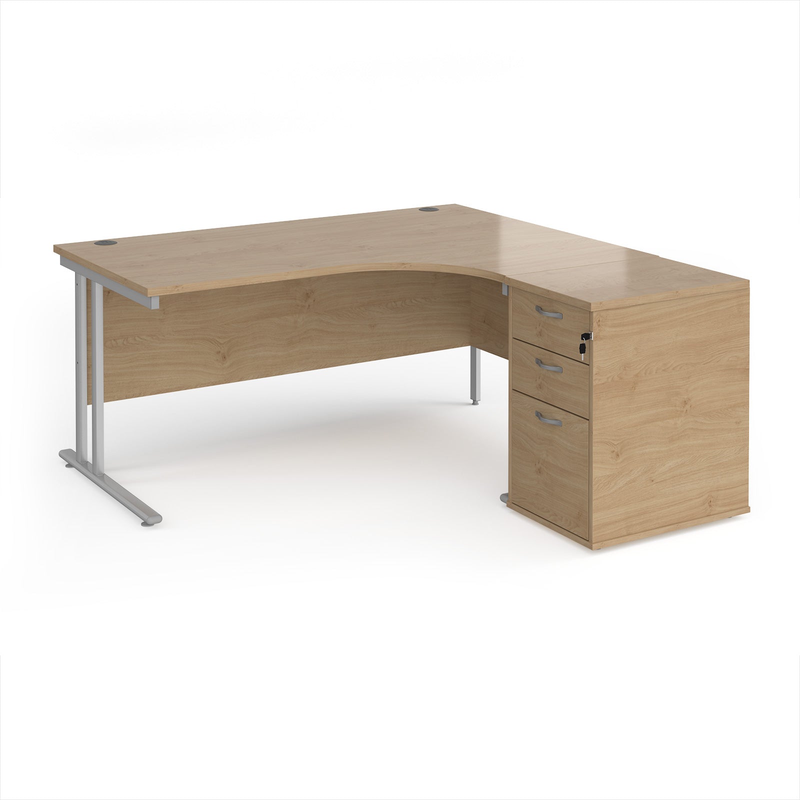 Wooden corner desk with metal legs and matching pedestal on a white background