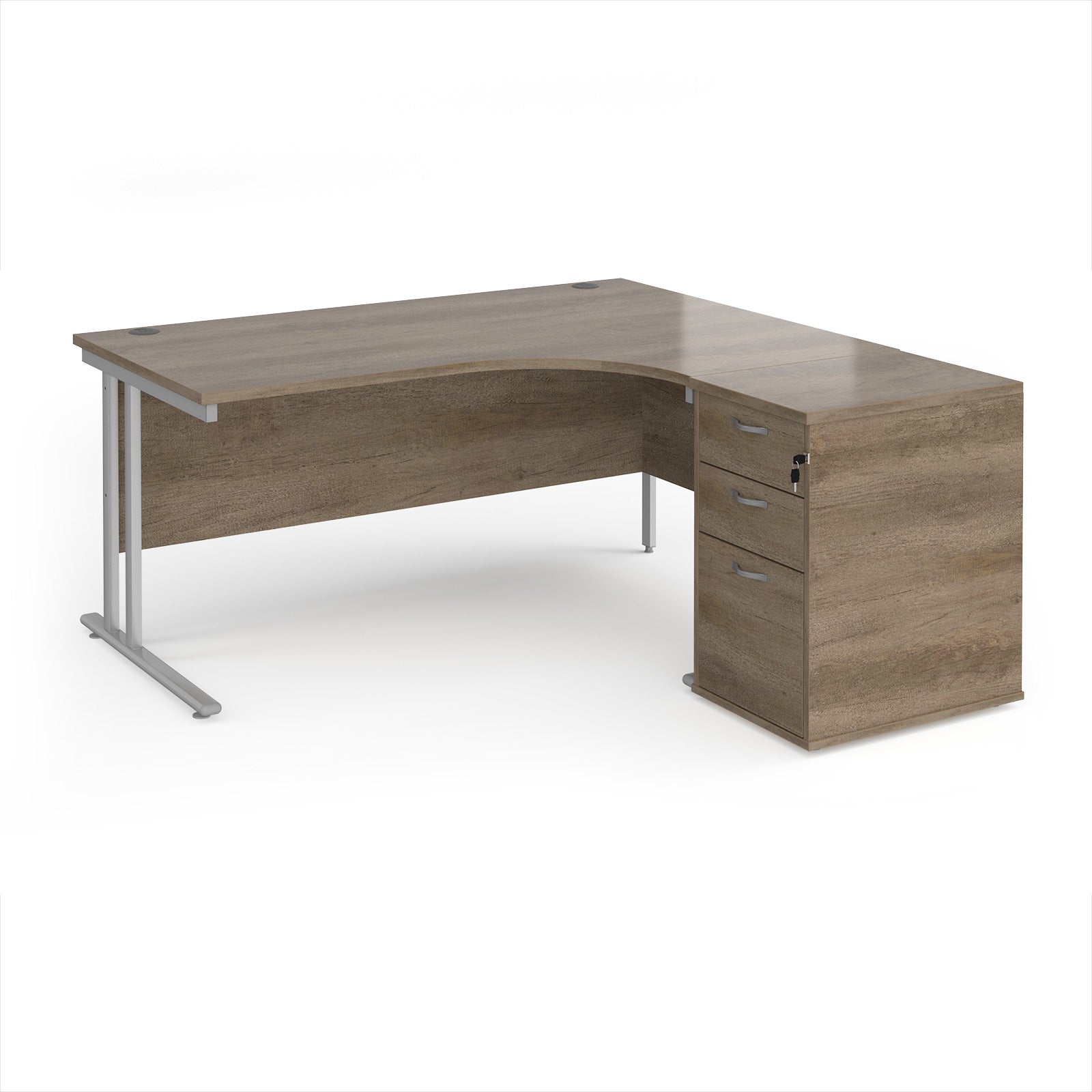 Wooden corner desk with metal legs and matching pedestal on a white background