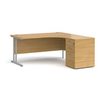 Wooden corner desk with metal legs and matching pedestal on a white background