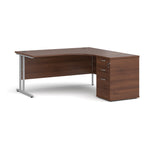 Wooden corner desk with metal legs and matching pedestal on a white background