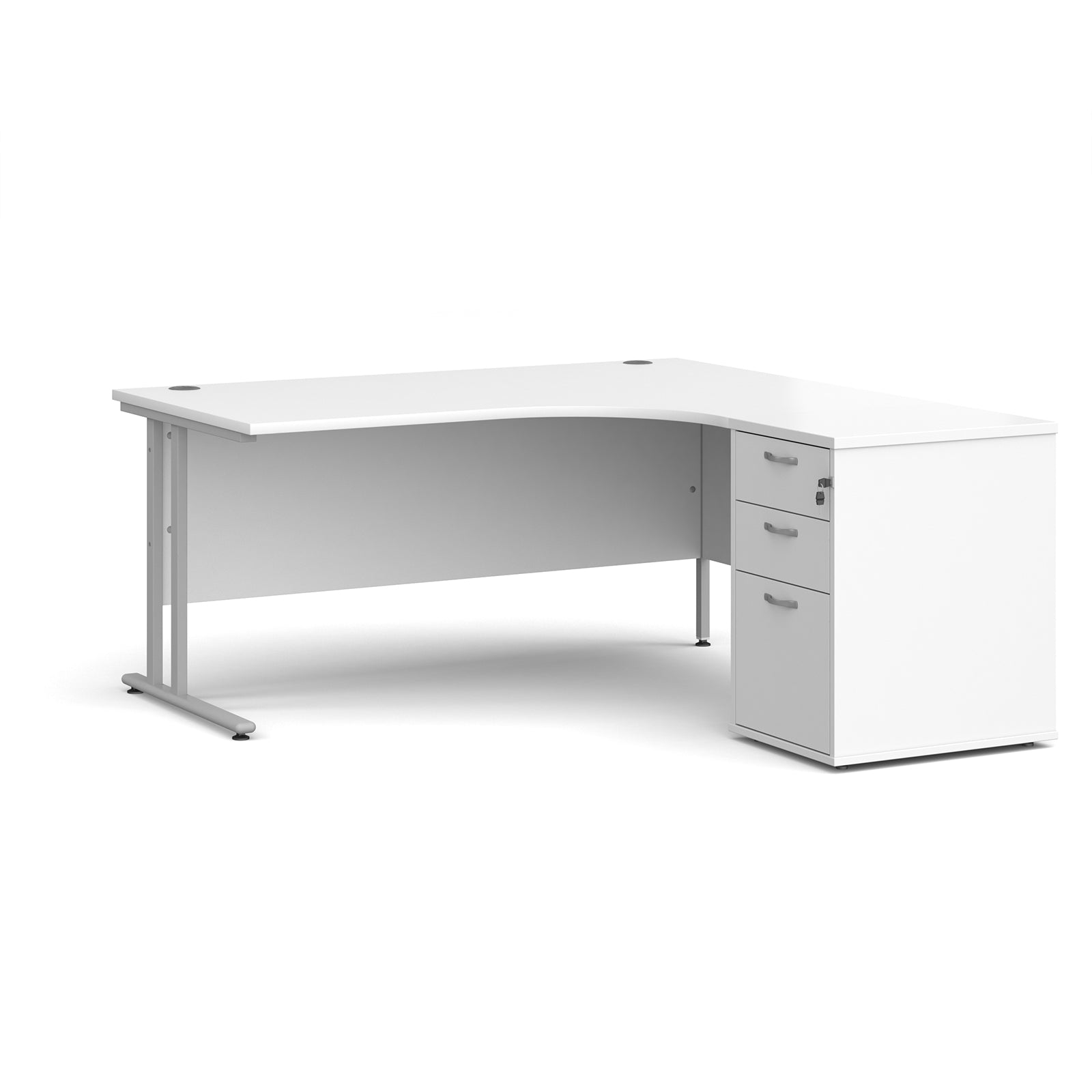 Wooden corner desk with metal legs and matching pedestal on a white background