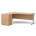 Wooden corner desk with metal legs and matching pedestal on a white background