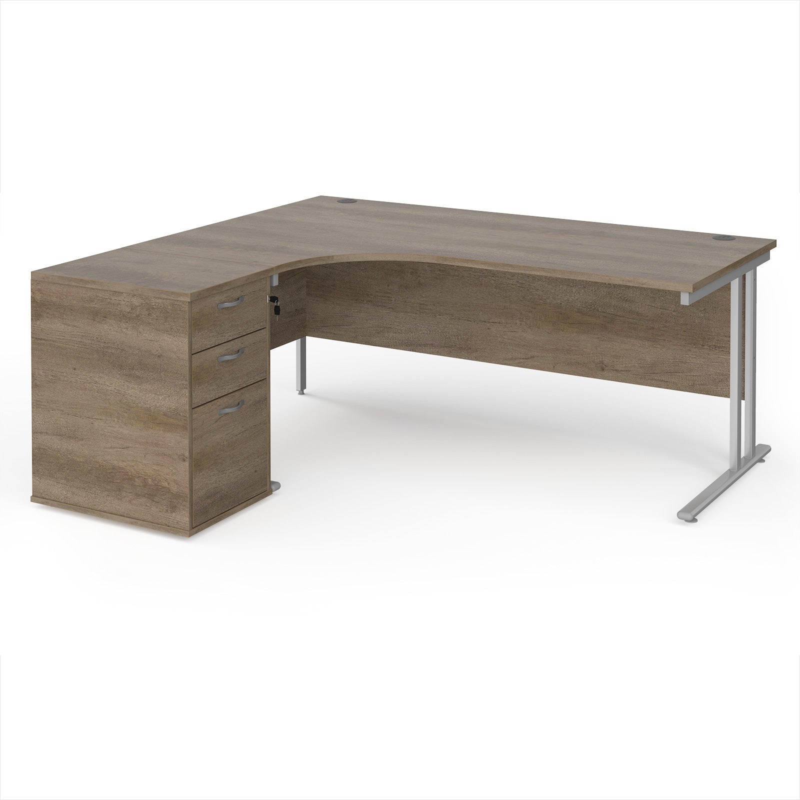Wooden corner desk with metal legs and matching pedestal on a white background