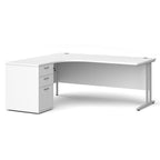 Wooden corner desk with metal legs and matching pedestal on a white background