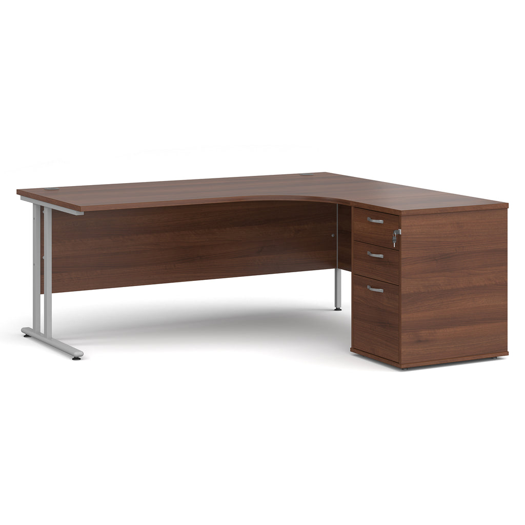 Wooden corner desk with metal legs and matching pedestal on a white background