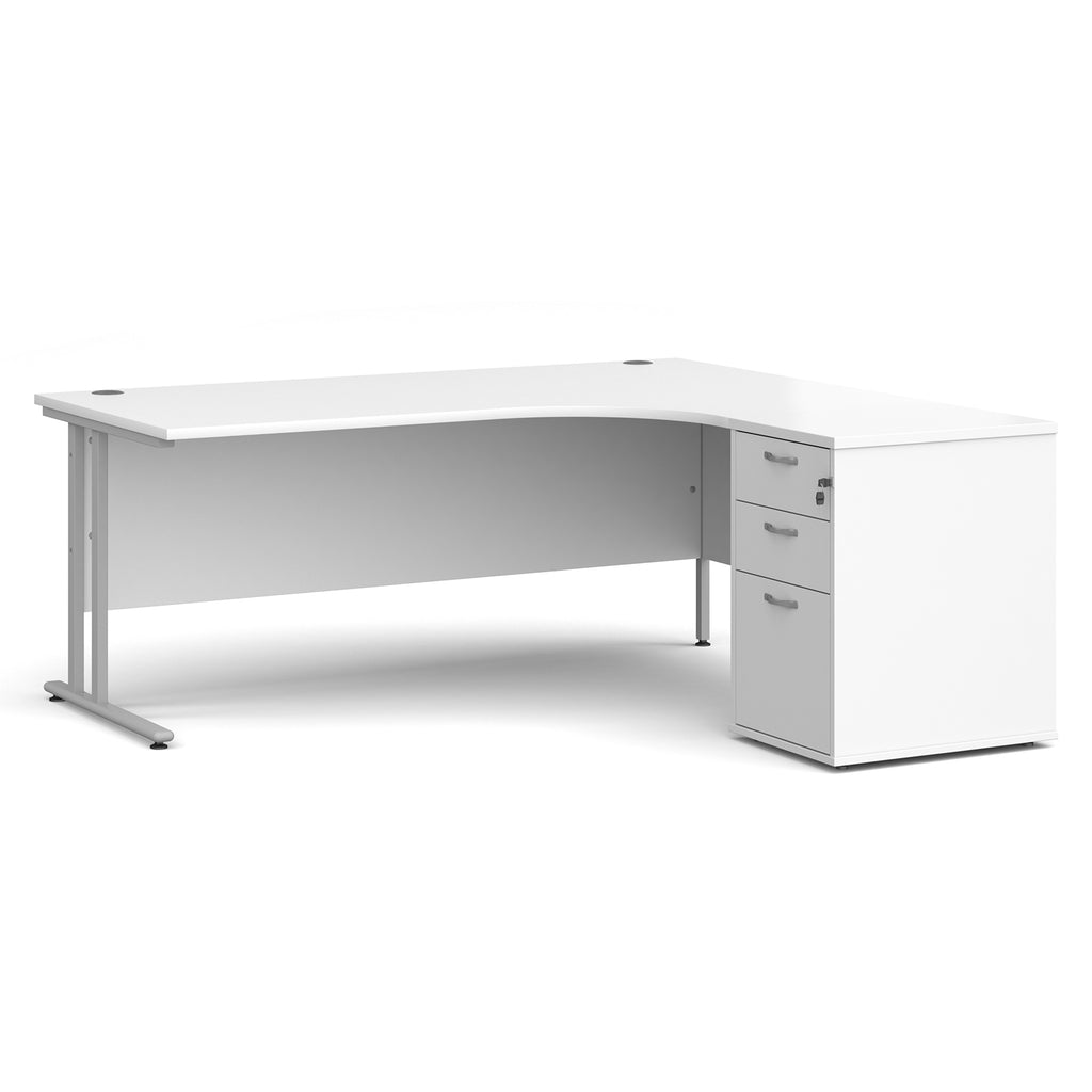 Wooden corner desk with metal legs and matching pedestal on a white background