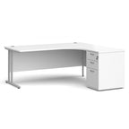 Wooden corner desk with metal legs and matching pedestal on a white background