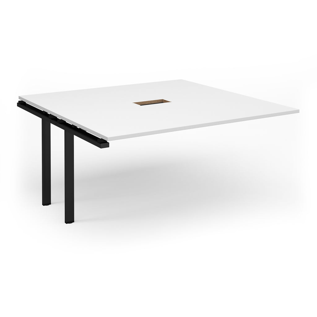 White rectangular add-on table unit with central cut-out  and black metal frame on a white background