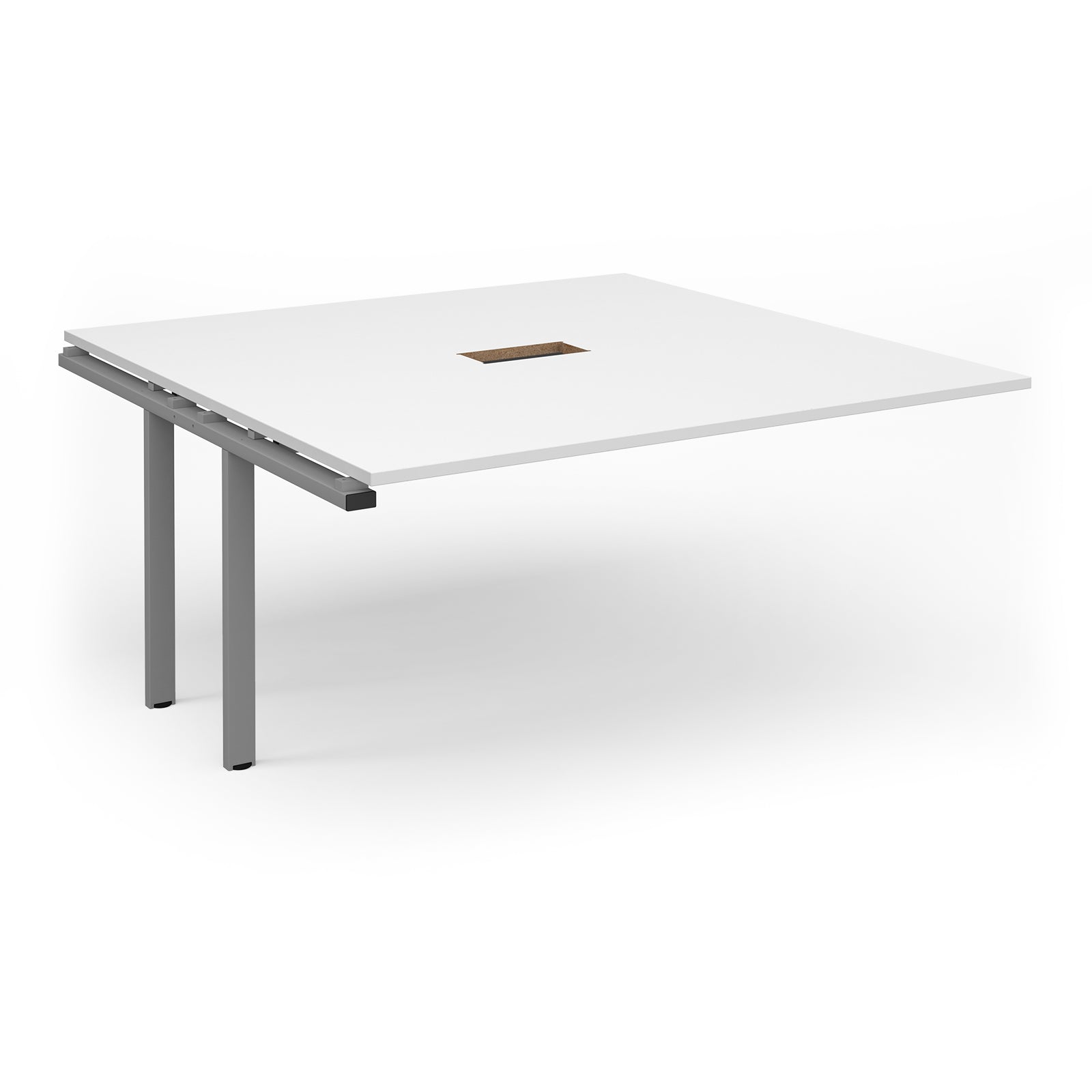 White rectangular add-on table unit with central cut-out and silver metal frame on a white background